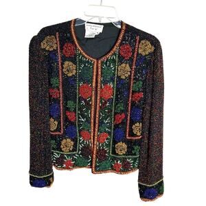 Vintage Papell Boutique Beaded Jacket Floral Boho Bohowestern Black Size Medium